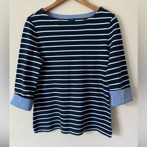 Nautica Women’s Navy & White Striped 3/4 Sleeve Nautical Shirt Size Medium - Picture 2 of 16